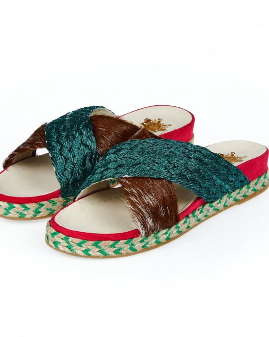 Sandal Slipper In Real Fur. Rubber Sole And Border With Contrasting Pattern.