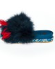 Sandal Slipper With Real Fur And Feathers Band. Rubber Sole With Contrasting Pattern And Border.