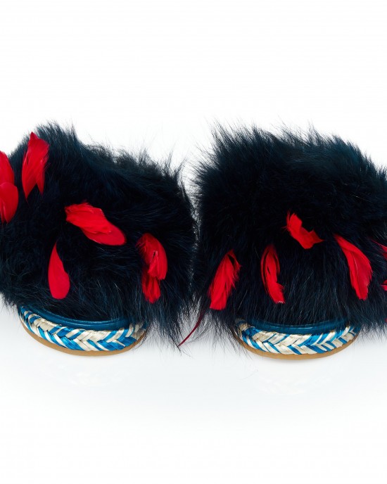 Sandal Slipper With Real Fur And Feathers Band. Rubber Sole With Contrasting Pattern And Border.