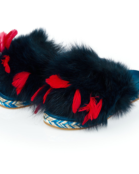 Sandal Slipper With Real Fur And Feathers Band. Rubber Sole With Contrasting Pattern And Border.