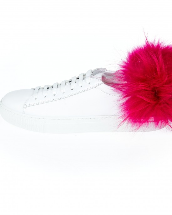 Sneakers With Contrasting Real Fur Ponpon On The Heel.