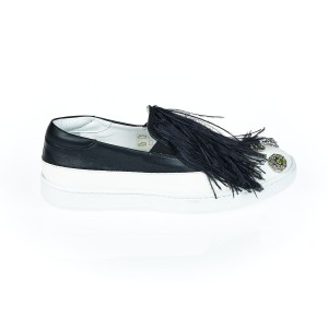 Round Toe Two-tone Slip On With Jewel Appliqué On The Tip. Feather Insert On Contrasting Tongue. Rubber Sole.