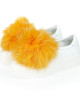 Sneaker With Real Fur Pom Poms On The Front In Contrasting Color. Thick Sole In The Same Color With A Striped Pattern.