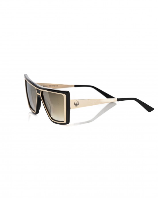 Black And Gold Square Sunglasses. Brown Shaded Mirror Lens.