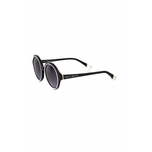 Round Black Sunglasses With White Border. Black Shaded Lens.