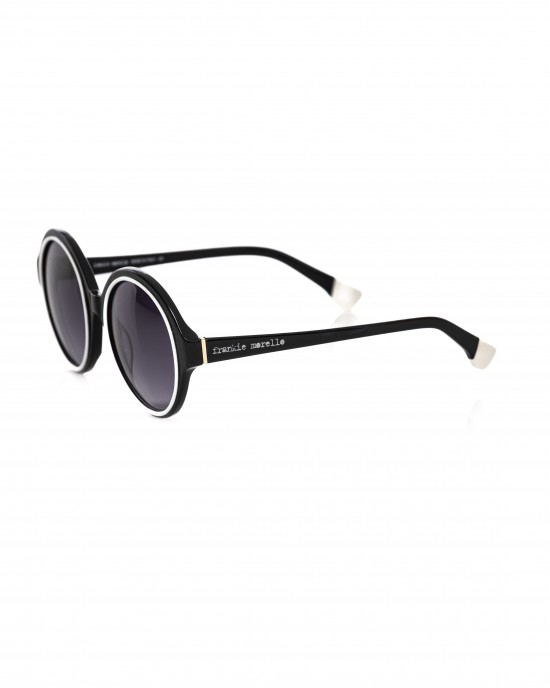 Round Black Sunglasses With White Border. Black Shaded Lens.