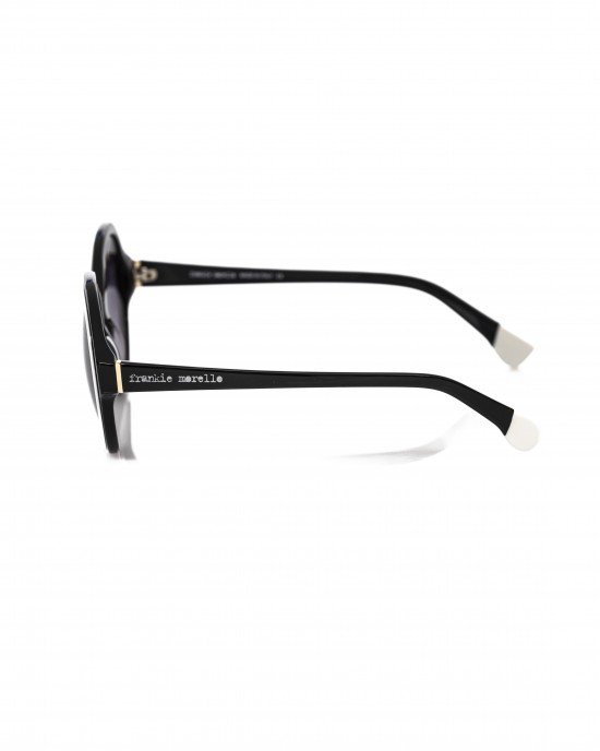 Round Black Sunglasses With White Border. Black Shaded Lens.