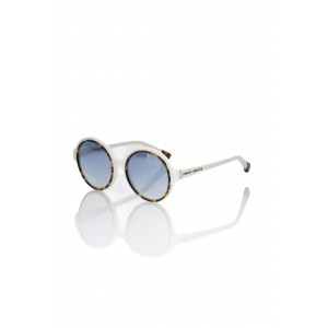 White Round Sunglasses With Turtle Border. Blue Shaded Lens.