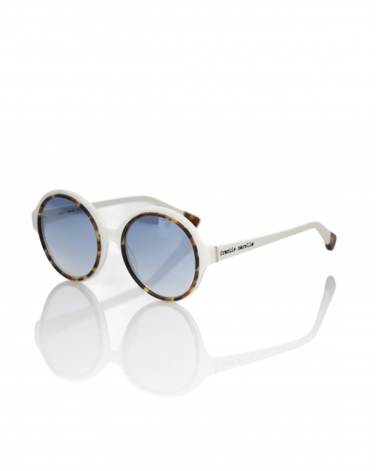 White Round Sunglasses With Turtle Border. Blue Shaded Lens.