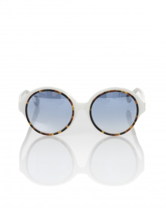 White Round Sunglasses With Turtle Border. Blue Shaded Lens.