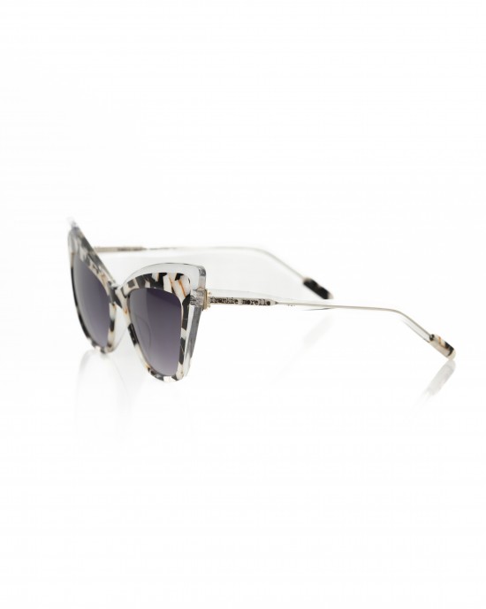 Glossy Black Cat Eye Sunglasses With Mother Of Pearl Details. Black Shaded Lens.