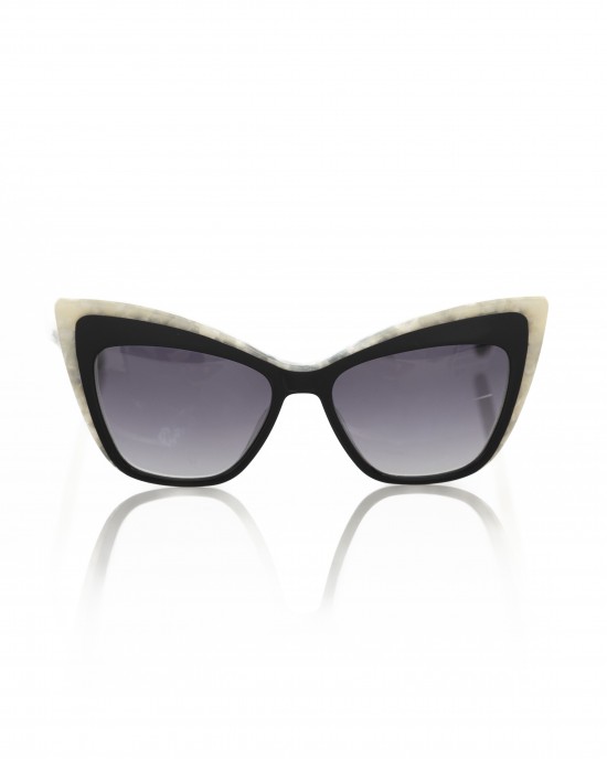 Black Cat Eye Sunglasses With Mother Of Pearl Edges. Black Shaded Lens.