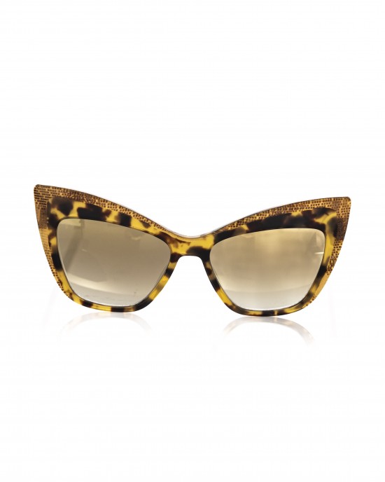 Yellow Turtle Cat Eye Sunglasses With Glitter Profile. Brown Shaded Lens