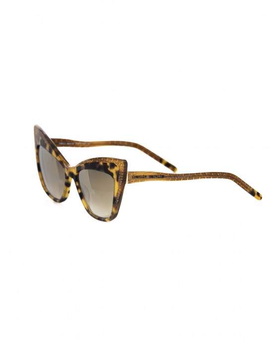 Yellow Turtle Cat Eye Sunglasses With Glitter Profile. Brown Shaded Lens