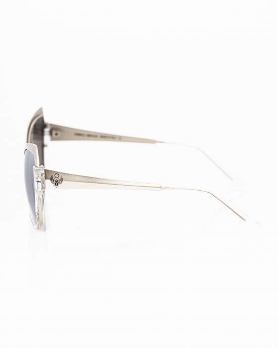 Cat Eye Sunglasses With Metallic Upper Edge And Transparent Lower Edge. Gray Shaded Lens.