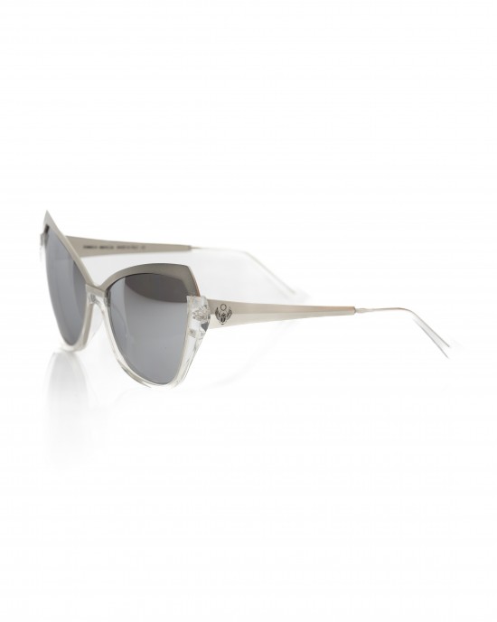 Cat Eye Sunglasses With Metallic Upper Edge And Transparent Lower Edge. Gray Shaded Lens.