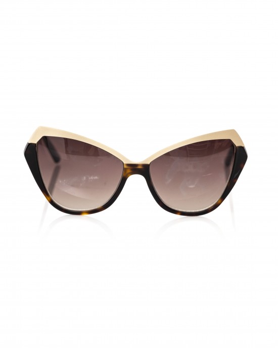 Cat Eye Sunglasses With Metallic Gold Upper Edge And Turtle Lower. Brown Shaded Lens.