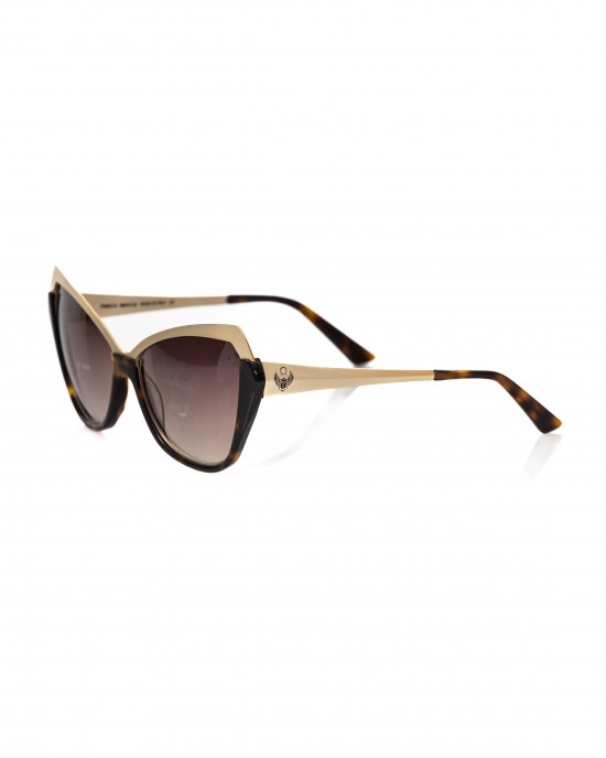 Cat Eye Sunglasses With Metallic Gold Upper Edge And Turtle Lower. Brown Shaded Lens.