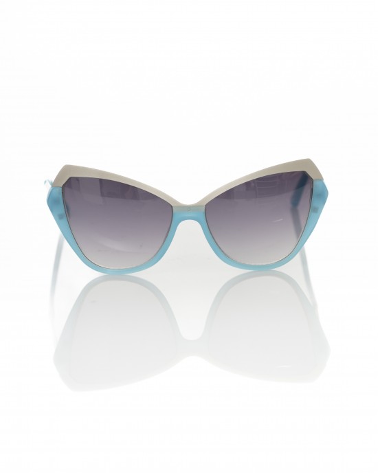 Cat Eye Sunglasses With Metallic Upper Edge And Turquoise Lower Border. Gray Shaded Lens.