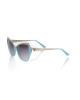 Cat Eye Sunglasses With Metallic Upper Edge And Turquoise Lower Border. Gray Shaded Lens.
