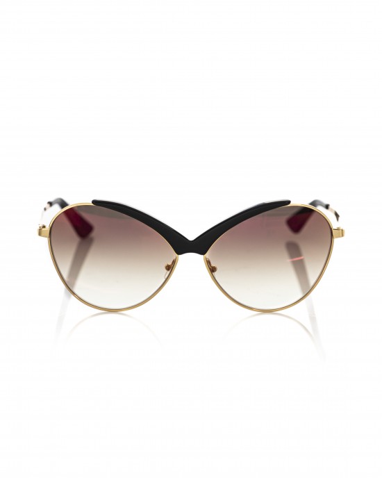 Sunglasses With A Butterfly Shape. Metal Frame With Glossy Black Central Profile. Brown Shaded Lens.