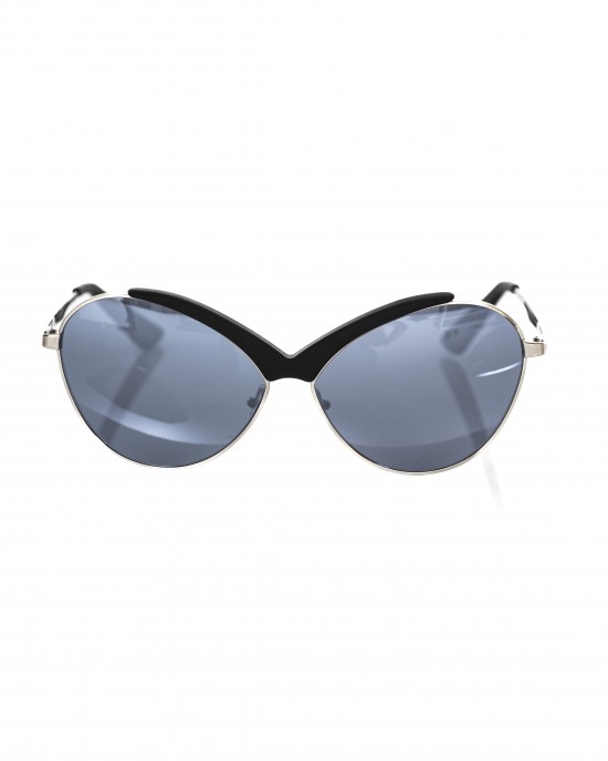 Sunglasses With A Butterfly Shape. Metal Frame With Matt Black Central Profile. Blue Shaded Lens.