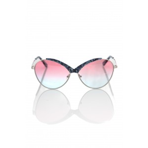 Sunglasses With A Butterfly Shape. Metal Frame With Blue Mother Of Pearl Central Profile. Pink And Light Blue Shaded Lens.