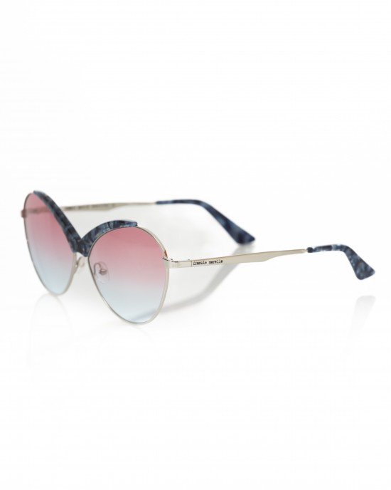 Sunglasses With A Butterfly Shape. Metal Frame With Blue Mother Of Pearl Central Profile. Pink And Light Blue Shaded Lens.