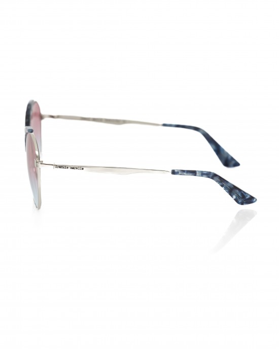 Sunglasses With A Butterfly Shape. Metal Frame With Blue Mother Of Pearl Central Profile. Pink And Light Blue Shaded Lens.