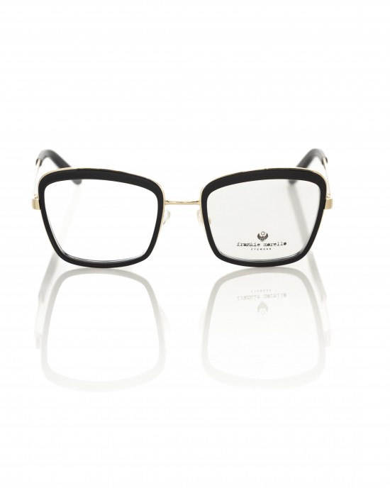 Square Eyeglasses With Black And Gold Pattern.