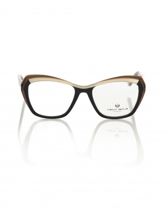 Cat Eye Model Eyeglasses. Black And Cream Frame. Profile And Temples With Glitters.