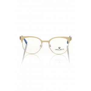 Clubmaster Model Eyeglasses. Upper Profile In Gold Colored Metal. Black And Transparent Temple With Geometric Pattern.