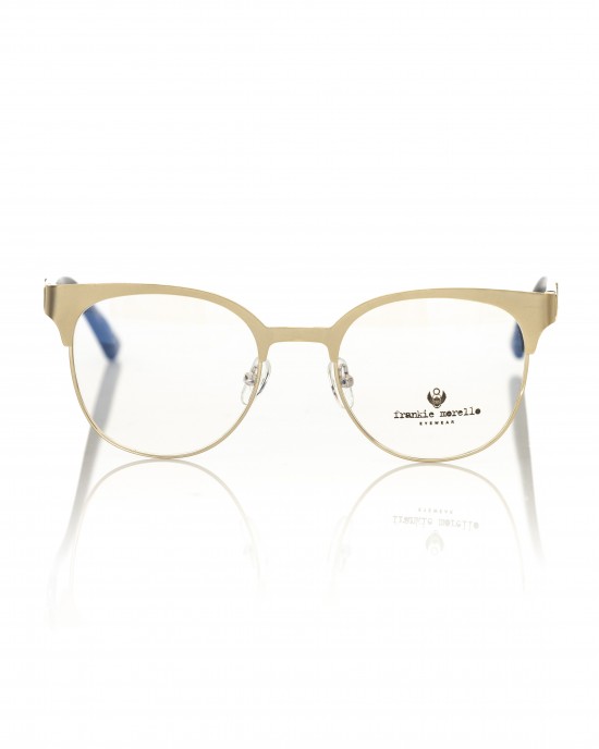 Clubmaster Model Eyeglasses. Upper Profile In Gold Colored Metal. Black And Transparent Temple With Geometric Pattern.