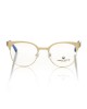 Clubmaster Model Eyeglasses. Upper Profile In Gold Colored Metal. Black And Transparent Temple With Geometric Pattern.