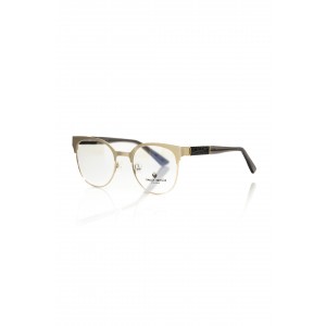 Clubmaster Model Eyeglasses. Upper Profile In Gold Colored Metal. Black And Transparent Temple With Geometric Pattern.