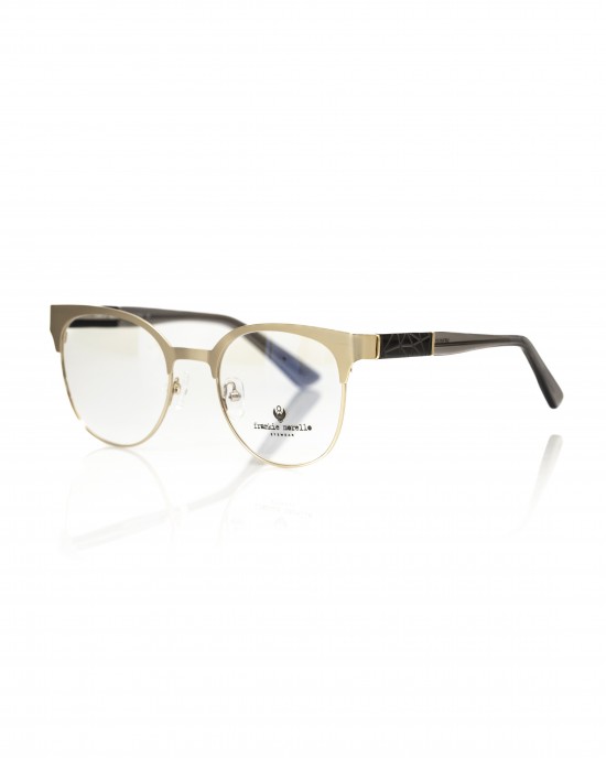 Clubmaster Model Eyeglasses. Upper Profile In Gold Colored Metal. Black And Transparent Temple With Geometric Pattern.