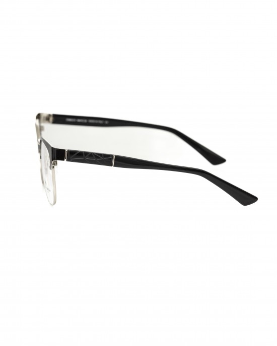 Clubmaster Model Eyeglasses. Black Upper Profile. Black Template With Geometric Pattern.