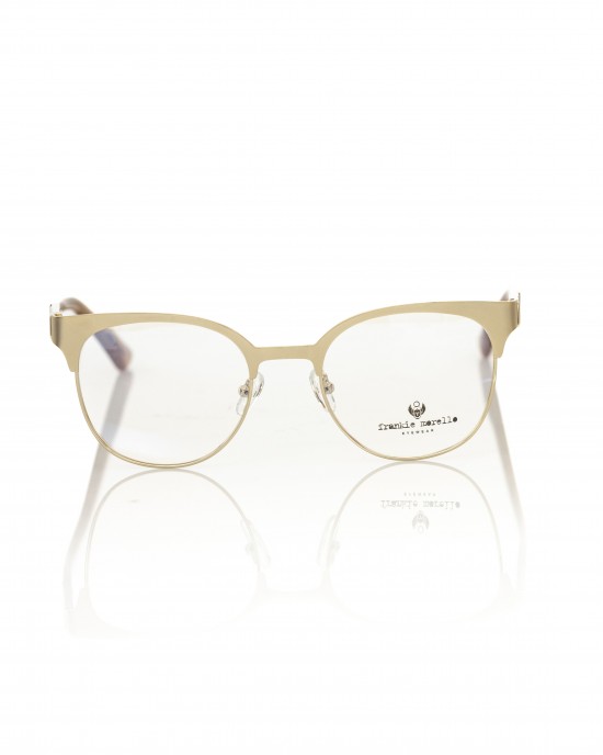 Clubmaster Model Eyeglasses. Upper Profile In Gold Colored Metal. Transparent Template With Geometric Pattern.