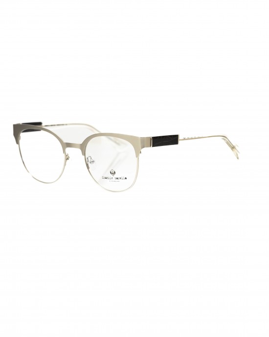 Clubmaster Model Eyeglasses. Metal Upper Profile. Black Template With Geometric And Transparent Pattern.