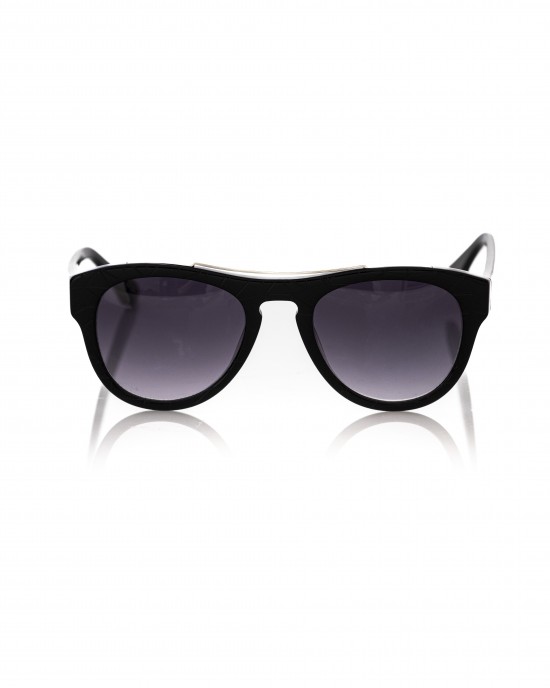 Wayfarer Model Sunglasses. Black Frame With Tone On Tone Geometric Pattern. Black Shaded Lens.