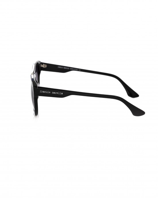 Wayfarer Model Sunglasses. Black Frame With Tone On Tone Geometric Pattern. Black Shaded Lens.