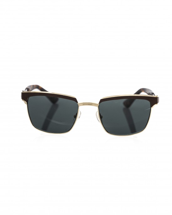 Clubmaster Model Sunglasses. Frame With Upper Profile In Brown Leather. Blue Shaded Lens. White Auctions.