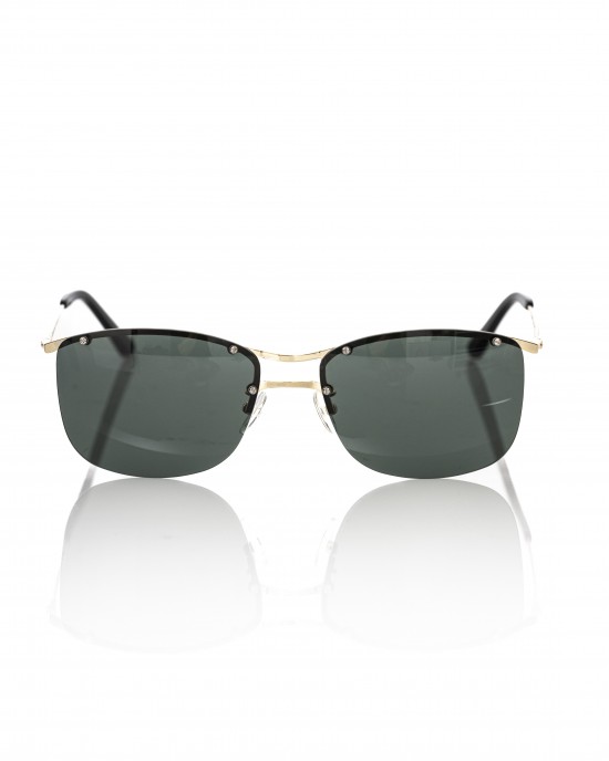 Clubmaster Model Sunglasses. Gold Metal Frame And Sticks. Black Lens.