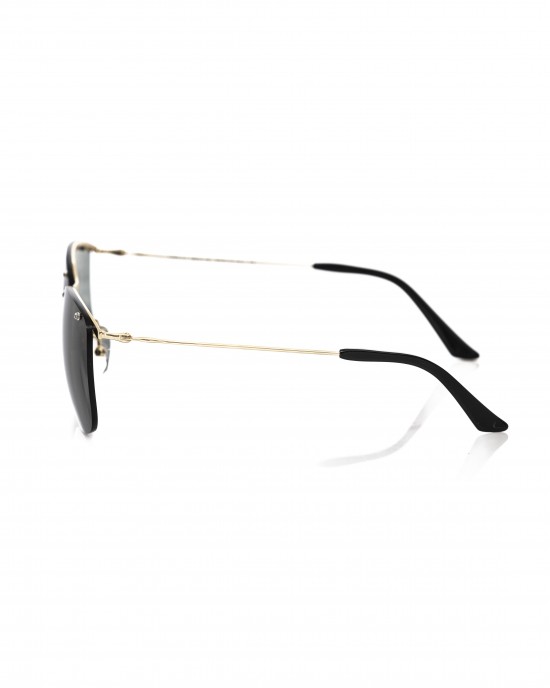 Clubmaster Model Sunglasses. Gold Metal Frame And Sticks. Black Lens.