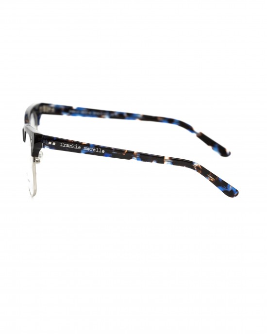 Clubmaster Model Eyeglasses. Metal Frame.upper Profile And Blue Fantasy Temples With Logo.