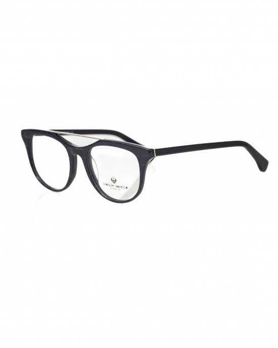 Wayfarer Model Eyeglasses With Central Template. Night Blue Frame With Geometric Pattern. Colored Auctions.