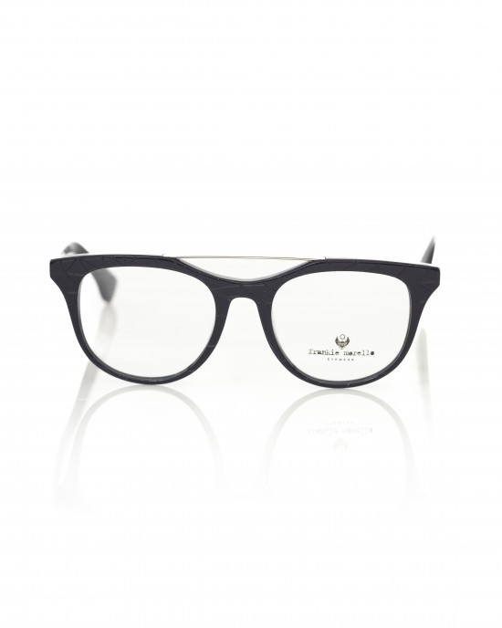 Wayfarer Model Eyeglasses With Central Template. Night Blue Frame With Geometric Pattern. Colored Auctions.