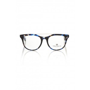 Wayfarer Model Eyeglasses With Central Template. Blue Havana Frame With Geometric Pattern. Colored Auctions.