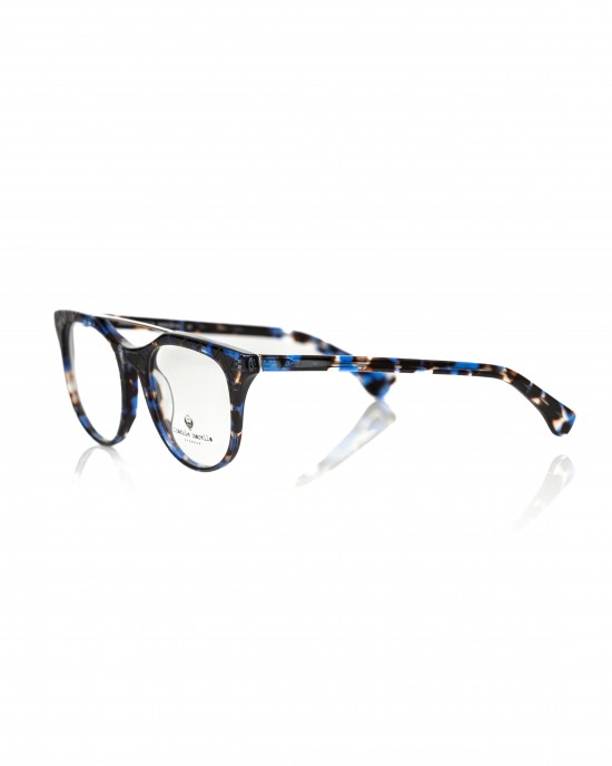 Wayfarer Model Eyeglasses With Central Template. Blue Havana Frame With Geometric Pattern. Colored Auctions.