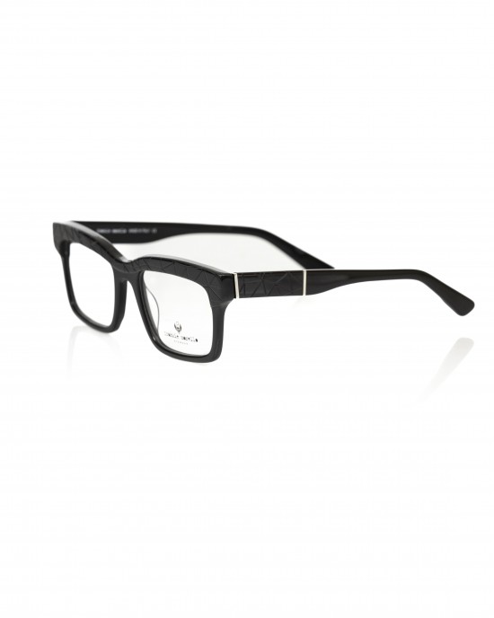 Wayfarer Model Eyeglasses. Thick Black Frame With Geometric Pattern. Colored Auctions.